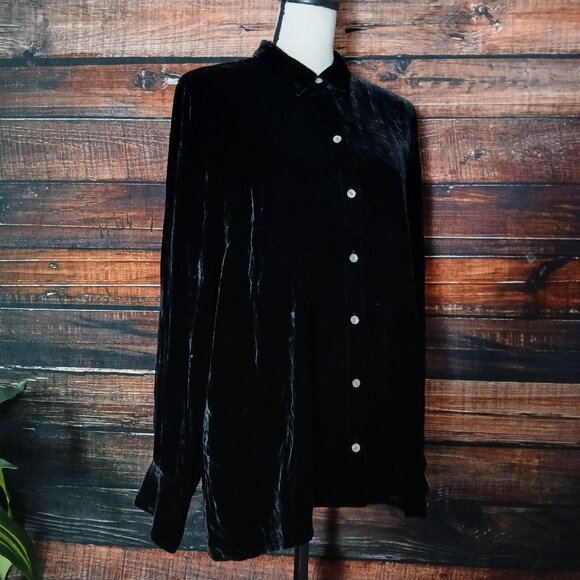 J. Jill Top M Black Velvet Rayon Silk Blend Button Front - Picture 4 of 10